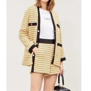Maje High Waist Tweed Shorts yellow gold Chanel gossip girl Emily in Paris